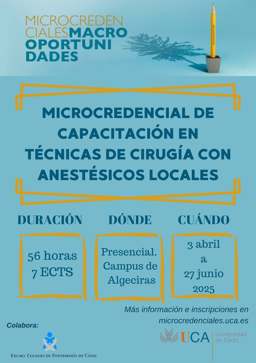 Fundación Universidad de Cádiz (@fundacion_uca) on Twitter photo MICROCREDENCIAL: Capacitación en Técnicas de Cirugía con Anestésicos Locales
👇🏽
wp.me/p6RSZR-1tk
En colaboración con el <a href="/coecadiz/">Colegio de Enfermería de Cádiz</a>
📍 <a href="/enfermeria_alg/">Facultad de Enfermería</a> - Campus de Algeciras
#Microcredenciales #formación MICROCREDENCIAL: Capacitación en Técnicas de Cirugía con Anestésicos Locales
👇🏽
wp.me/p6RSZR-1tk
En colaboración con el <a href="/coecadiz/">Colegio de Enfermería de Cádiz</a>
📍 <a href="/enfermeria_alg/">Facultad de Enfermería</a> - Campus de Algeciras
#Microcredenciales #formación