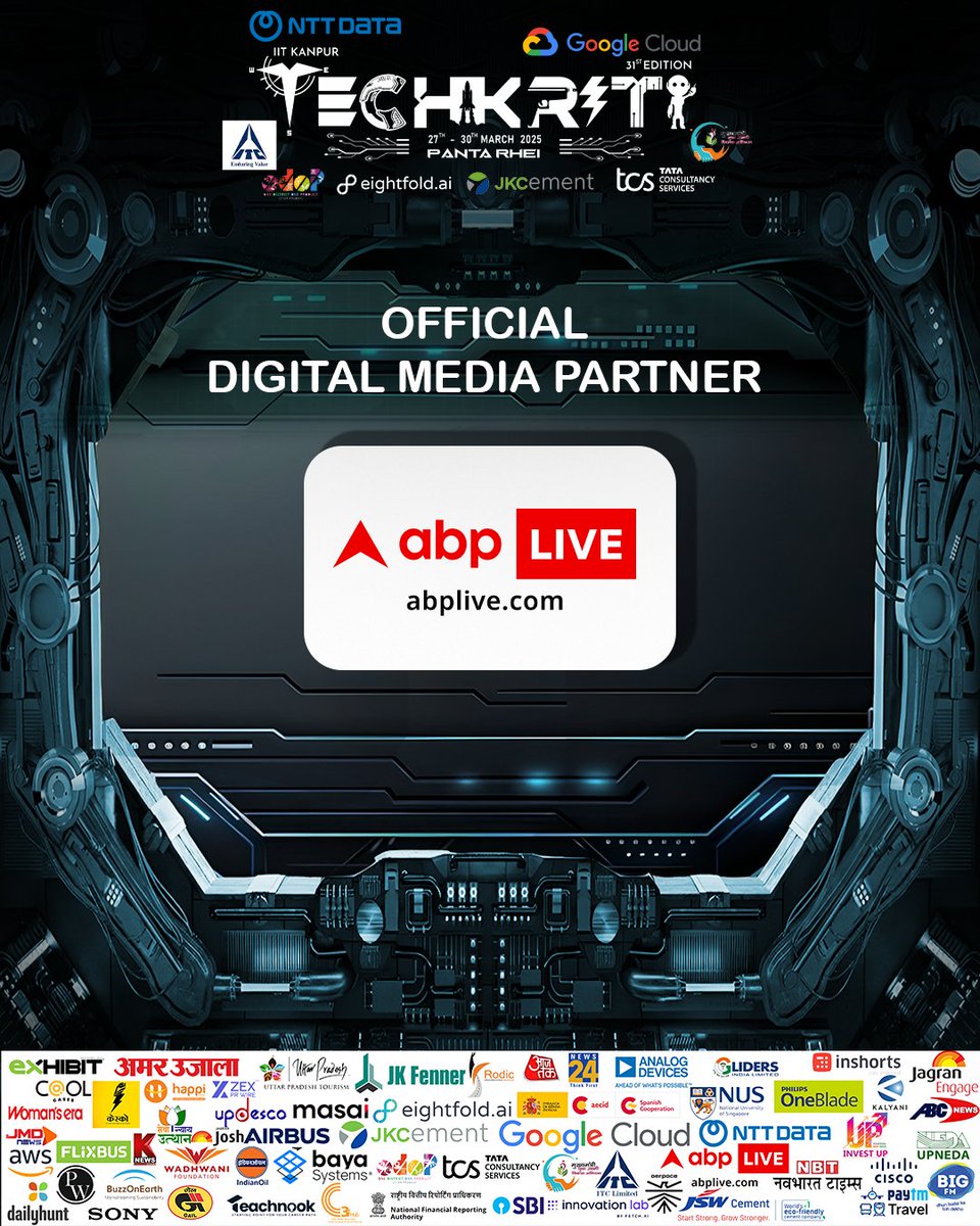 techkriti_iitk's tweet image. Techkriti’25 proudly announces ABP LIVE as our OFFICIAL DIGITAL MEDIA PARTNER for 31st Edition of Asia’s Largest Technical & Entrepreneurial Festival, Techkriti | IIT Kanpur 
#Techkriti25 #ABPLIVE #officialdigitalMediapartner #PantaRhei #MnP