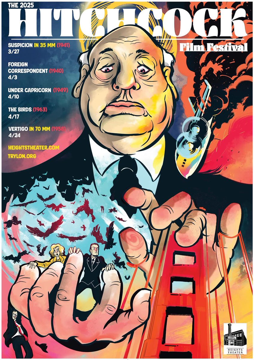 Annual Hitchcock Film Festival at the Heights Theater, Columbia Heights, Minnesota: trylon.org/film-series/th…

Also North by Northwest in 70mm, May 26: ticketing.useast.veezi.com/purchase/5446?…

Essays: perisphere.org/tag/alfred-hit…

Poster by Jake Rudegeair. #AlfredHitchcock