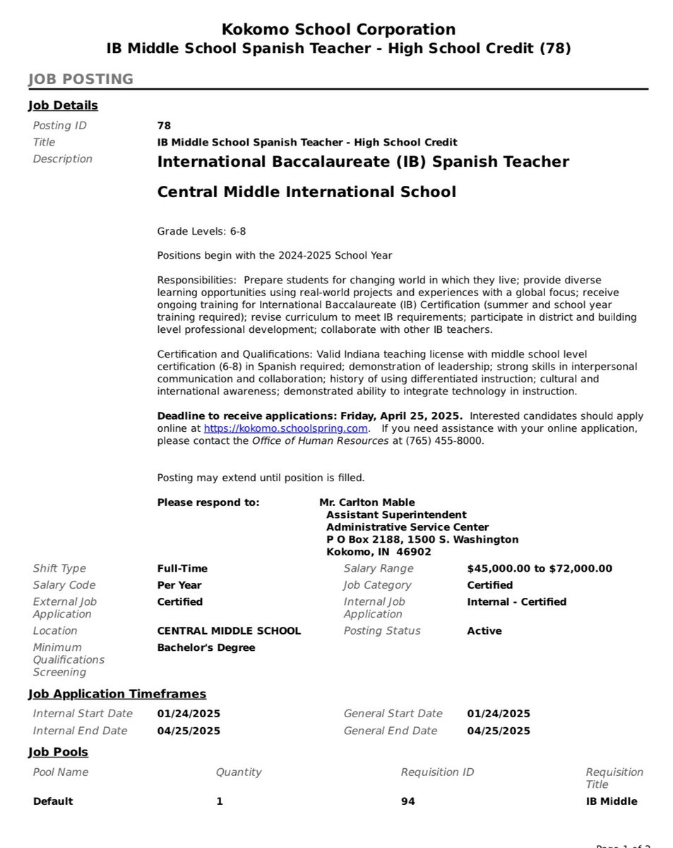 Central Middle (@cmis_ib) on Twitter photo Join our team! CMIS is looking for a dynamic individual to teach high school level Spanish to our 8th graders. Position begins with the 2025-2026 school year. Apply at kokomo.schoolspring.com. Contact Dr. Landrum with questions at alandrum@kokomoschools.com. #BetterTogether Join our team! CMIS is looking for a dynamic individual to teach high school level Spanish to our 8th graders. Position begins with the 2025-2026 school year. Apply at kokomo.schoolspring.com. Contact Dr. Landrum with questions at alandrum@kokomoschools.com. #BetterTogether