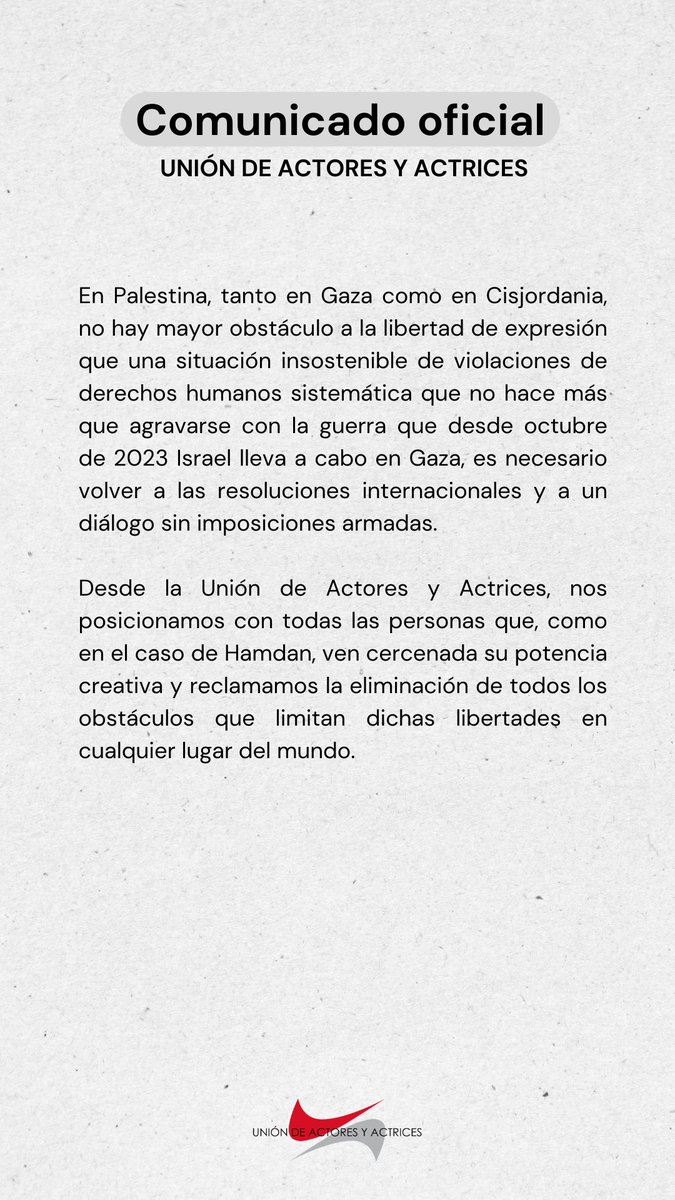 "No es posible una auténtica libertad de expresión y creación si TODOS Y TODAS no podemos expresarnos o crear libremente y sin miedo a ser agredidos/as" 

#ComunicadoOficial de la Unión de Actores y Actrices ante la agresión en Palestina al cineasta #HamdanBallal