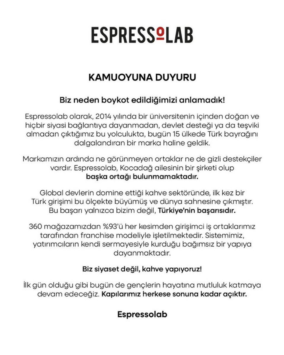 Espressolab:

“Neden boykot edildiğimizi anlamadık.” <a href="/espressolabtr/">Espressolab</a> 

Neden boykot ediyorsunuz, alta yazın da okusunlar.
