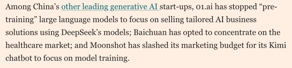 Cole McFaul (@colemcfaul) on Twitter photo Some evidence of industry consolidation among top PRC AI labs b/c 'DeepSeek Moment' 👀👀
01.ai has bowed out of the race (adopting DS for apps); big pressure on Zhipu and others.
Very interesting <a href="/FT/">Financial Times</a> piece by <a href="/EleanorOlcott/">Eleanor Olcott</a>, <a href="/rwmcmorrow/">Ryan McMorrow</a> and <a href="/zijing_wu/">Zijing Wu</a>. Some evidence of industry consolidation among top PRC AI labs b/c 'DeepSeek Moment' 👀👀
01.ai has bowed out of the race (adopting DS for apps); big pressure on Zhipu and others.
Very interesting <a href="/FT/">Financial Times</a> piece by <a href="/EleanorOlcott/">Eleanor Olcott</a>, <a href="/rwmcmorrow/">Ryan McMorrow</a> and <a href="/zijing_wu/">Zijing Wu</a>.
