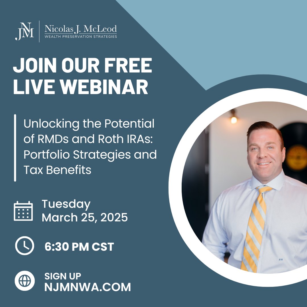 NJMWealth's tweet image. Your future starts now! ⏳ 

Don’t miss our #financialwebinar Unlocking the Potential of #RMDs &amp;amp; #RothIRAs TONIGHT at 6:30 PM CT. 

Get insights from #NicJMcLeod on how to help optimize your #retirement &amp;amp; #taxbenefits! 

Register now: bit.ly/3vsvmI2