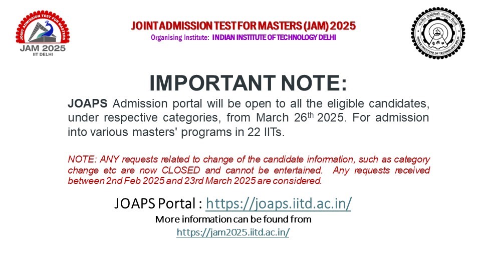 JAM2025Official's tweet image. JOAPS Admission portal will be open to all the eligible candidates, under respective categories, from March 26th . For admission into various masters&apos; programs in 22 IITs.
JOAPS Portal : joaps.iitd.ac.in
For more information:
jam2025.iitd.ac.in
#jam2025
@iitdelhi