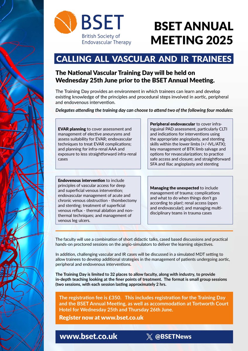 BSETnews's tweet photo. Registration for the BSET National Vascular Training Day is now open at https://t.co/88yTlakmxj
Spaces are limited so register soon to guarantee your place!
@RouleauxClub @TraineesBSIR @BSIR_News @VascularWebinar @VSGBI @IR_Juniors https://t.co/bIQdMpkRmd
