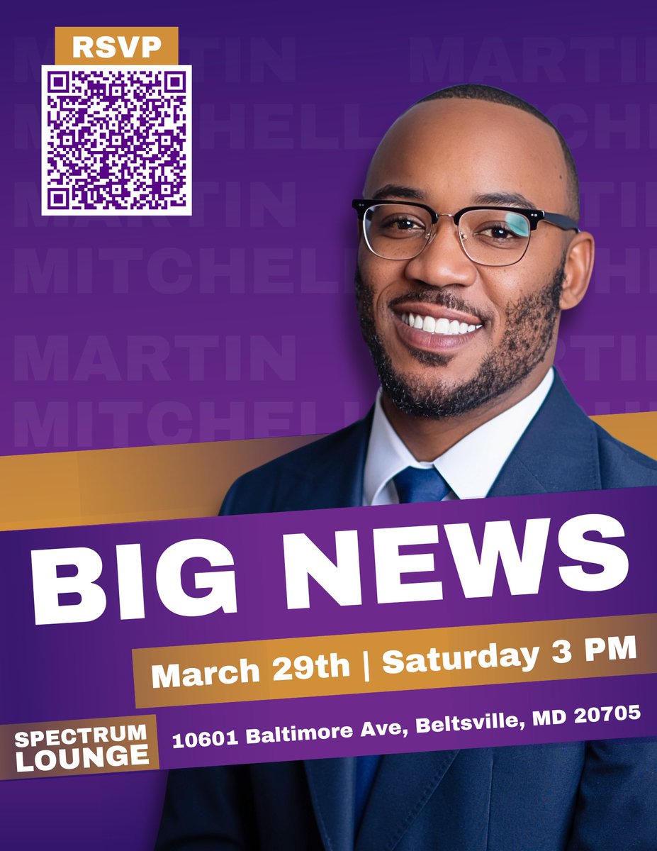 🚨 BIG NEWS! 🚨

Join me at Spectrum Lounge in Beltsville, MD, on March 29th at 3 PM for a major announcement! Be the first to hear the exciting news.

🔗 RSVP now! Scan the QR code or click the link in my bio: eventbrite.com/e/big-news-mar…

#BigNews #StayTuned #CommunityFirst