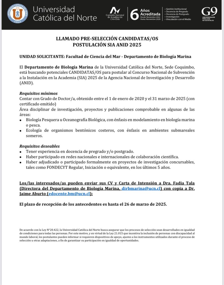 ESMOI (@esmoi_ucn) on Twitter photo ▶️ El Depto. de Biología Marina de la <a href="/UCN_Coquimbo/">UCN Coquimbo</a>, está buscando potenciales CANDIDATAS/OS para postular al Concurso Nacional de Subvención a la Instalación en la Academia (SIA) 2025 de la Agencia Nacional de Investigación y Desarrollo (ANID).
Más información 🔽 ▶️ El Depto. de Biología Marina de la <a href="/UCN_Coquimbo/">UCN Coquimbo</a>, está buscando potenciales CANDIDATAS/OS para postular al Concurso Nacional de Subvención a la Instalación en la Academia (SIA) 2025 de la Agencia Nacional de Investigación y Desarrollo (ANID).
Más información 🔽