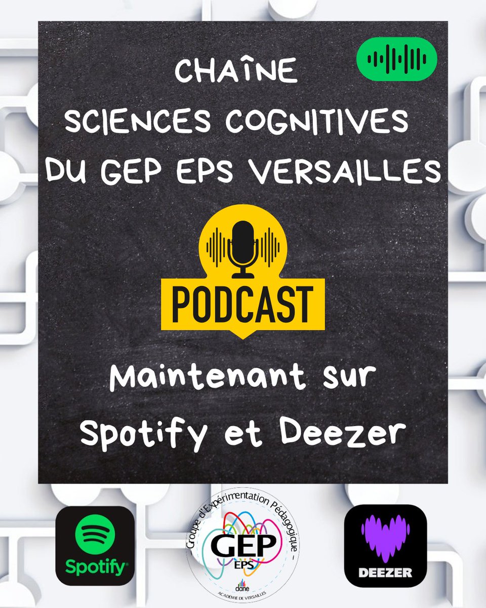 GEP_EPS's tweet image. La chaîne Sciences cognitives du GEP EPS de Versailles est maintenant sur Spotify et sur Deezer deezer.com/show/1001738481
open.spotify.com/show/0lx7yZuHs…