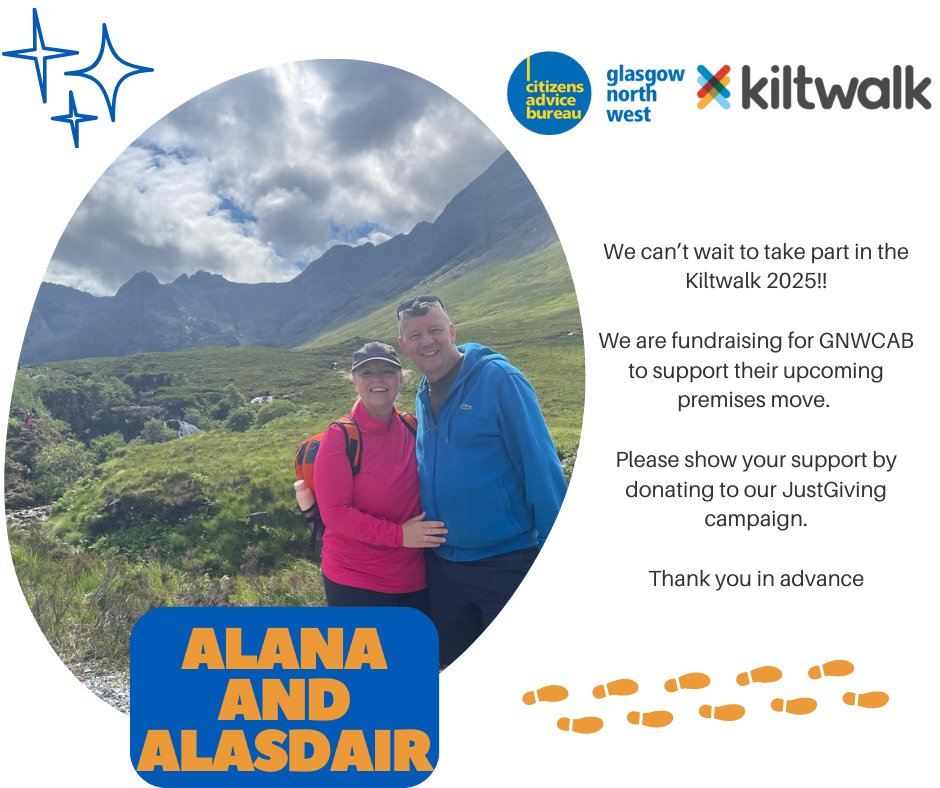 Hi, we're Alana and Alasdair 👋  We're taking part in this years Kiltwalk to raise essential funds for Glasgow North West CAB.

You can support us via our Just Giving page below. Thank you in advance 💛

justgiving.com/campaign/teamk…