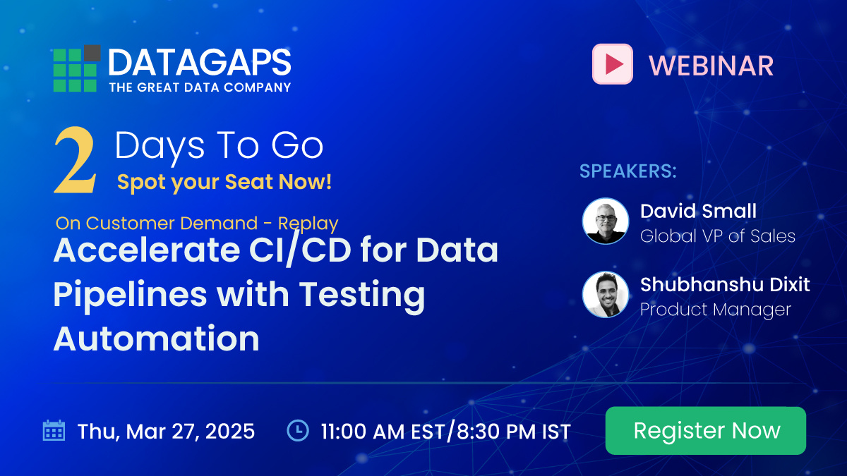 DatagapsTeam's tweet image. Only 2 Days are Left - Don’t miss out! Join Datagaps’ exclusive webinar to see how our #DataOpsSuite integrates seamlessly with your #CICDpipelines—whether for code or #DataValidation. hubs.la/Q03ckTqj0
@datagaps #DataQuality #TestingAutomation #DataPipelines