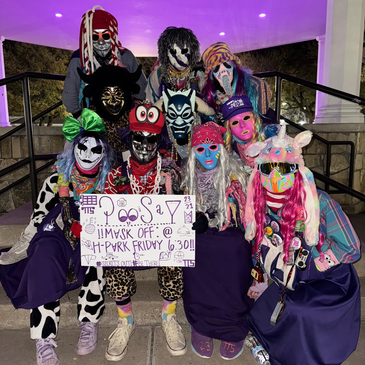 A day you won’t want to miss! 

The masks come off at Poo Reveal this Friday at 6:30 p.m. in Heritage Park.

#TarletonState #BleedPurple #Tarleton125