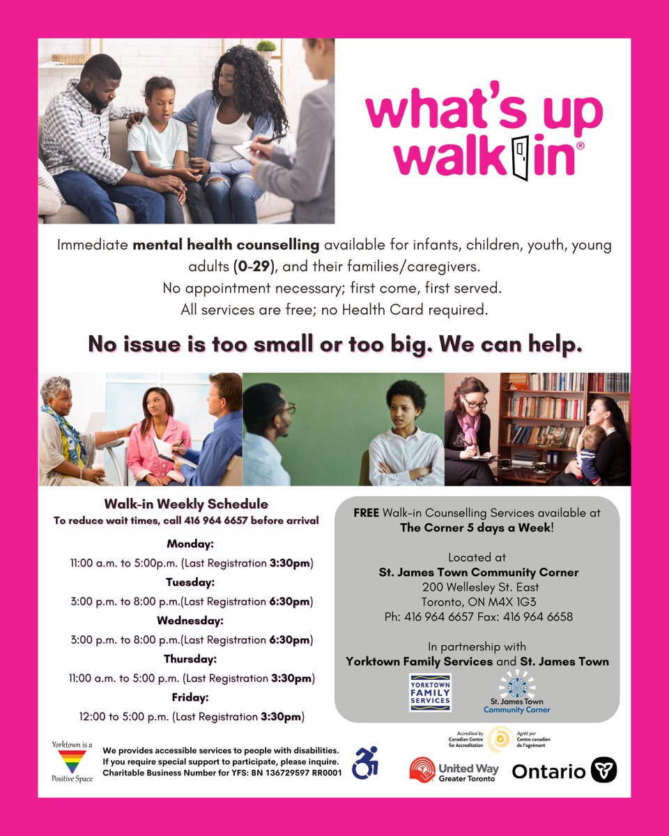 Yorktown (@yorktownfamily) on Twitter photo Looking for free #mentalhealth 🧠 counselling & therapy in #Toronto? ✨You have come to the right place! ✨
Yorktown's Rapid Access Therapy and <a href="/whatsupwalkin/">What's Up Walk-In</a> provides FREE mental health support for children, youth, young adults and families (0-29). Please see flyers: Looking for free #mentalhealth 🧠 counselling & therapy in #Toronto? ✨You have come to the right place! ✨
Yorktown's Rapid Access Therapy and <a href="/whatsupwalkin/">What's Up Walk-In</a> provides FREE mental health support for children, youth, young adults and families (0-29). Please see flyers: