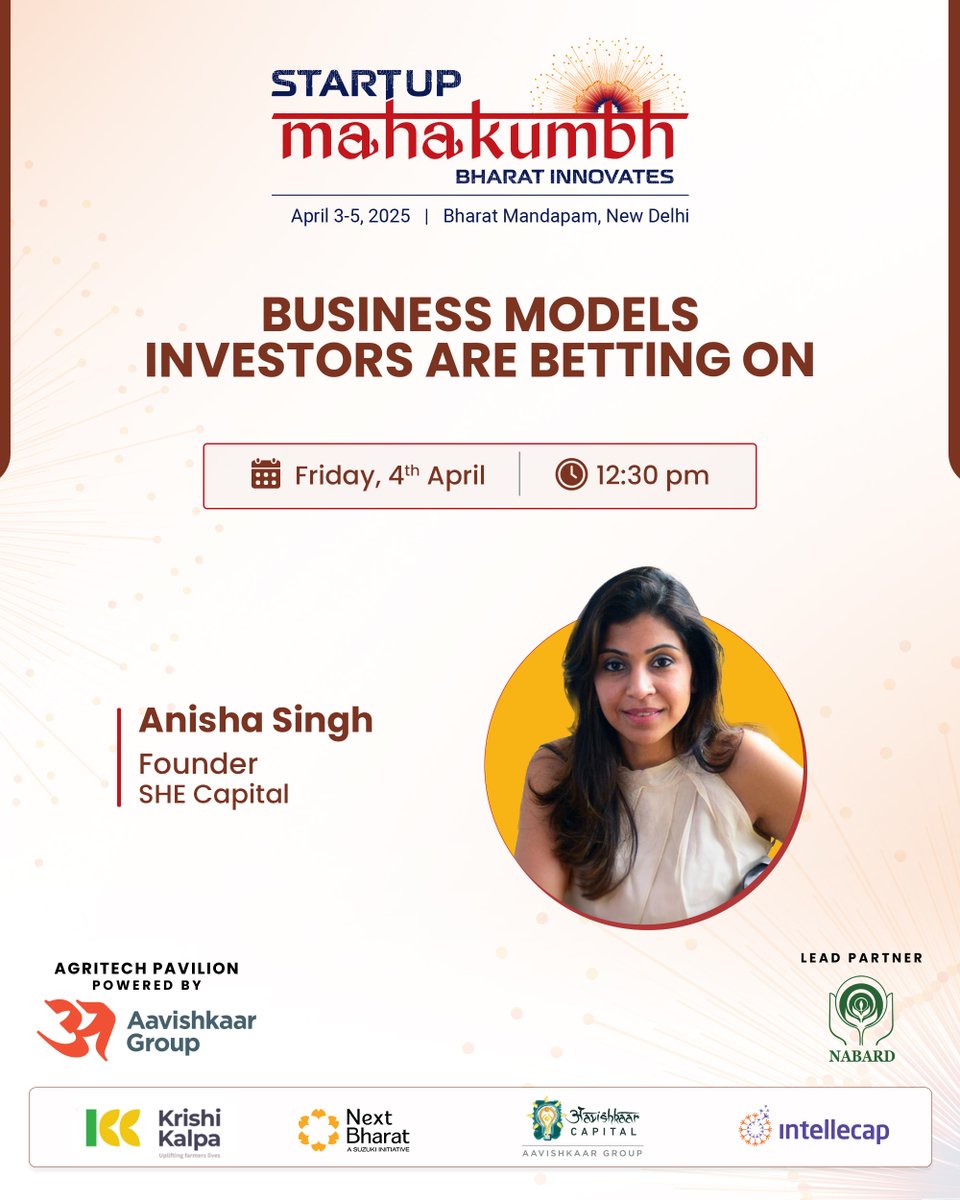 Join us at #StartupMahakumbh for an insightful session with Anisha Singh, Founder, SHE Capital.

Register now: startupmahakumbh.org

#StartupMahakumbh #BharatInnovates <a href="/anishasinghas/">Anisha Singh</a> <a href="/she_capital/">She Capital</a>