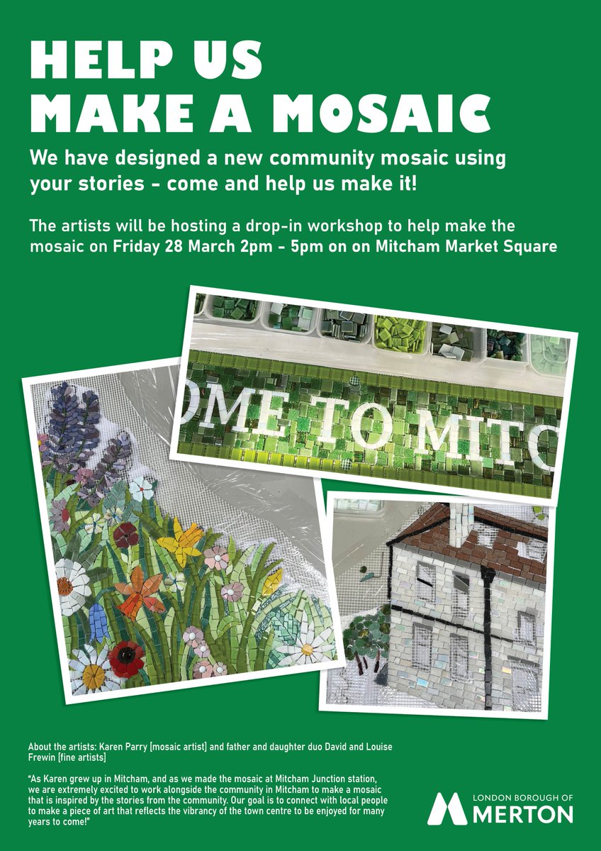 Help create a mosaic for #Mitcham Village. This Friday, 2pm to 5pm, #MitchamVillage market square. All details in the poster