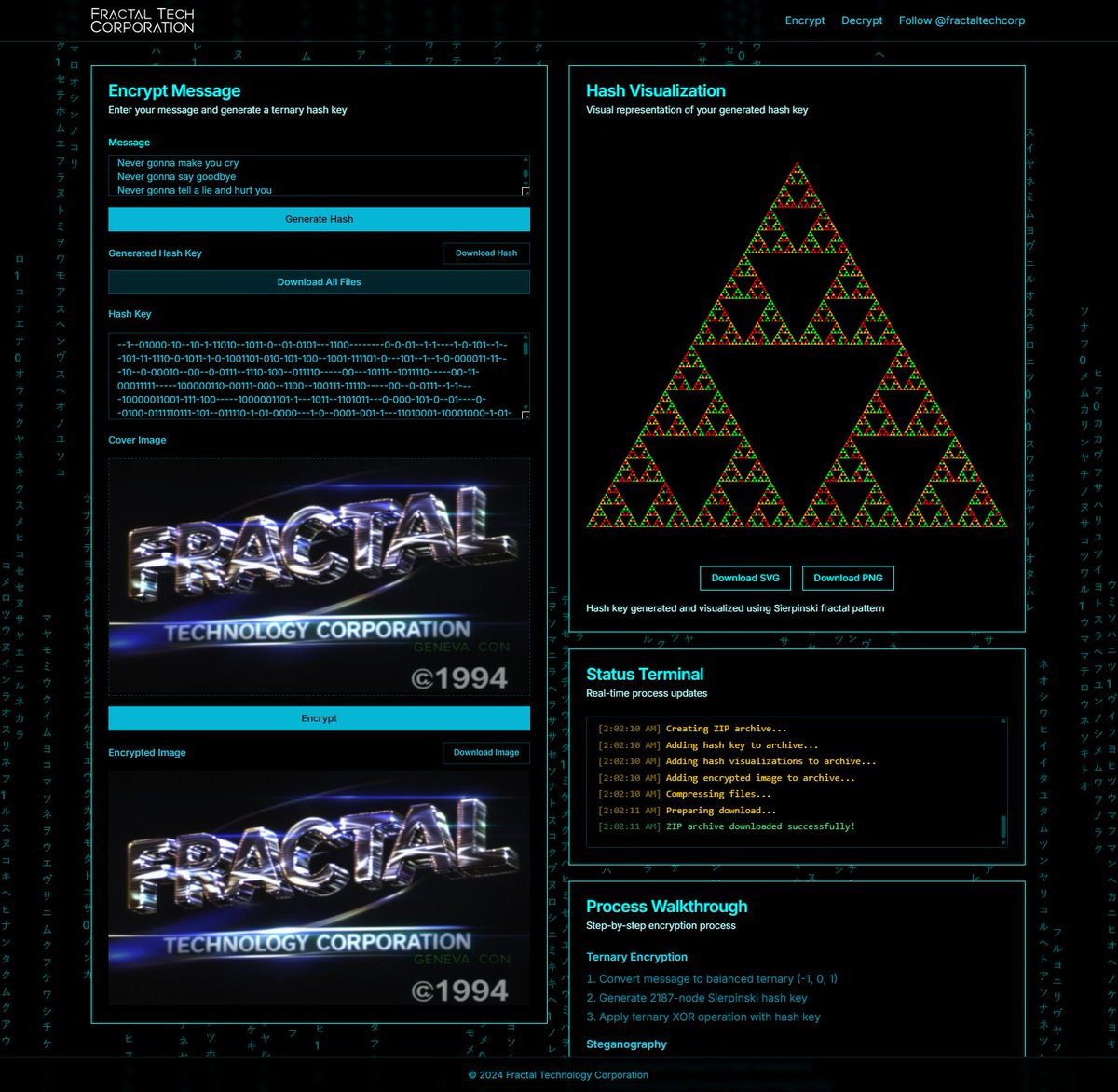 tritcoin's tweet image. @fractaltechcorp released a demo of the 3^2187 (3466-TRIT security) hash keys used for steganography

ternarysteganography.vercel.app

it hasn&apos;t been fixed on purpose so long messages or special characters can mess up the decryption, but we stored an entire song in there ezpz