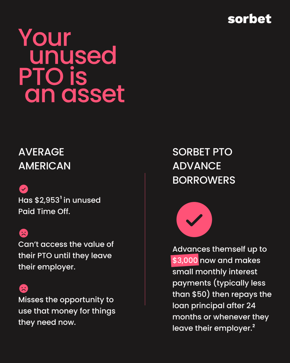 Your unused PTO has a CASH value, and with Sorbet, you can realize the value of your unused time off. Click to get started.