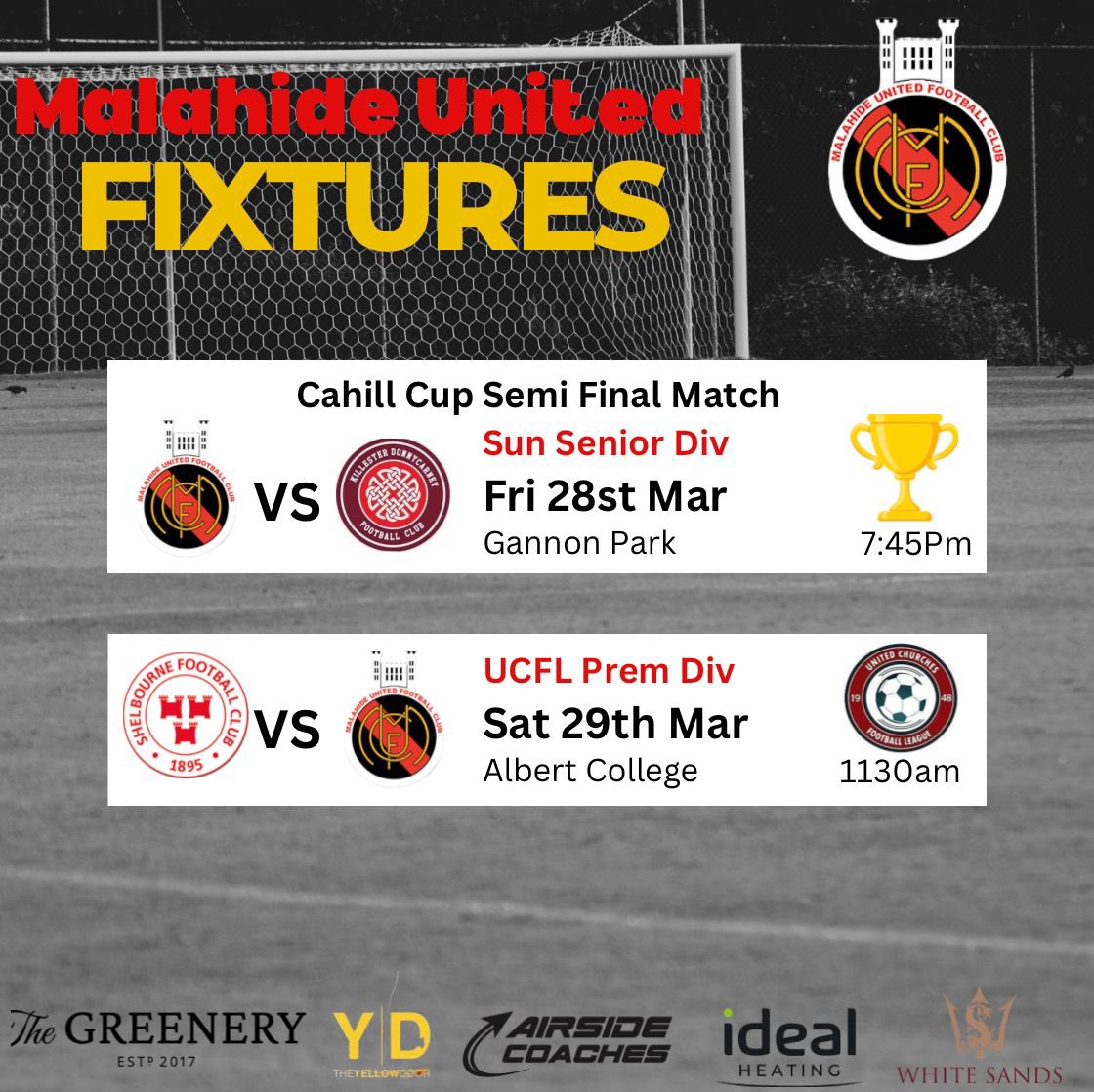 Two senior games this weekend 

Our LSL senior Sunday side are home to Kilester on Friday night in the Cahill Cup Semi Final.

Our UCFL premier division team our away to Shelbourne on Saturday morning 

All support welcome and the games 🔴⚫️

@leinsterseniorleague