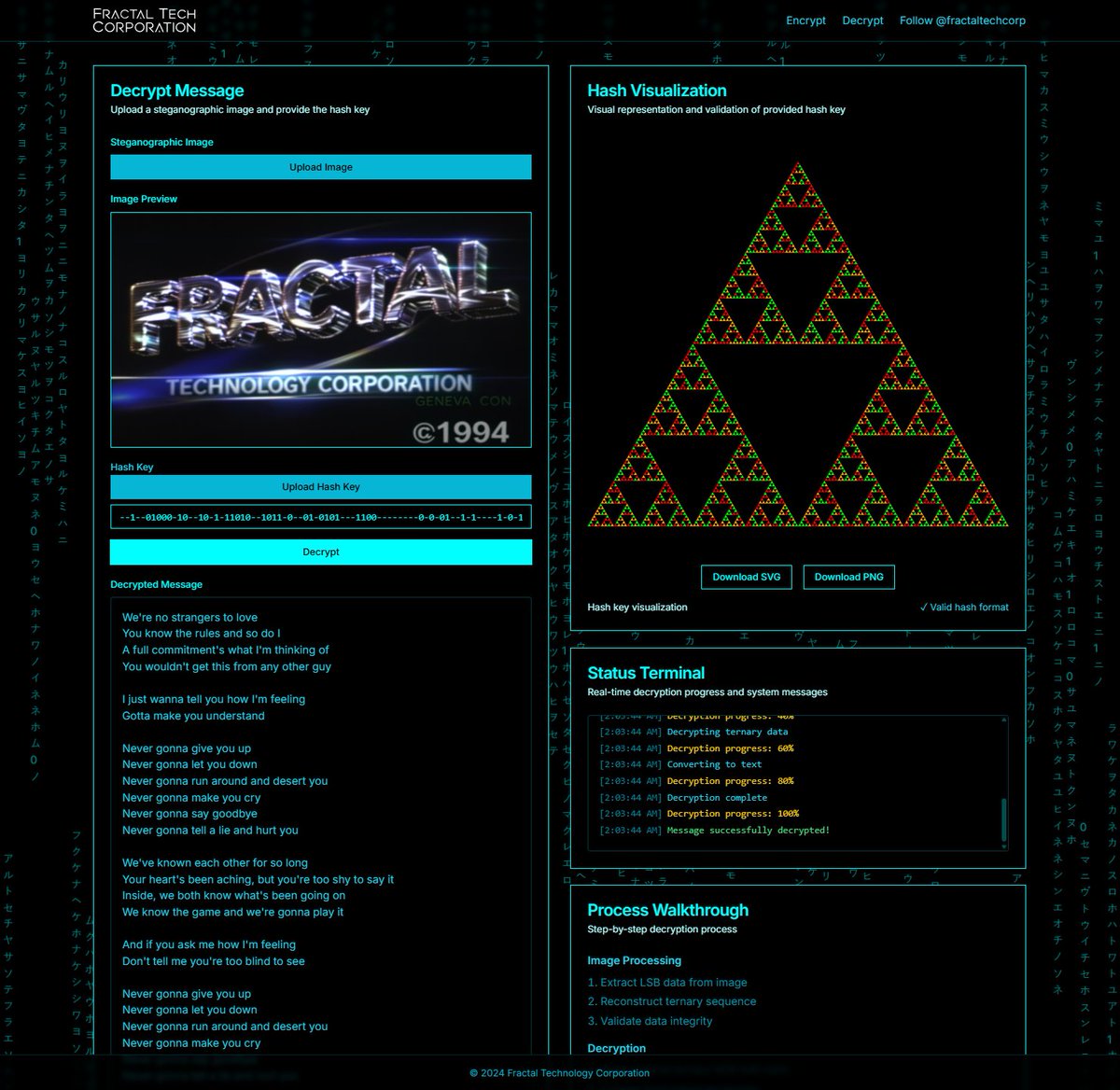 tritcoin's tweet image. @fractaltechcorp released a demo of the 3^2187 (3466-TRIT security) hash keys used for steganography

ternarysteganography.vercel.app

it hasn&apos;t been fixed on purpose so long messages or special characters can mess up the decryption, but we stored an entire song in there ezpz