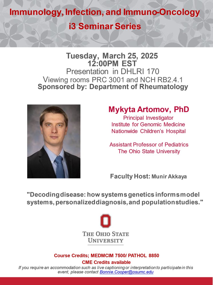 Pelotonia Institute for Immuno-Oncology (@ohiostatepiio) on Twitter photo Join us Today at NOON for the #Immunology, #Infection, & #ImmunoOncology (i3) Seminar Series, where Dr. Mykyta Artomov <a href="/nikart89/">Mykyta Artomov</a> (<a href="/nationwidekids/">Nationwide Children's Hospital</a>) will give a seminar titled Decoding disease: how #systems_genetics informs model systems, personalized diagnosis, & population Join us Today at NOON for the #Immunology, #Infection, & #ImmunoOncology (i3) Seminar Series, where Dr. Mykyta Artomov <a href="/nikart89/">Mykyta Artomov</a> (<a href="/nationwidekids/">Nationwide Children's Hospital</a>) will give a seminar titled Decoding disease: how #systems_genetics informs model systems, personalized diagnosis, & population