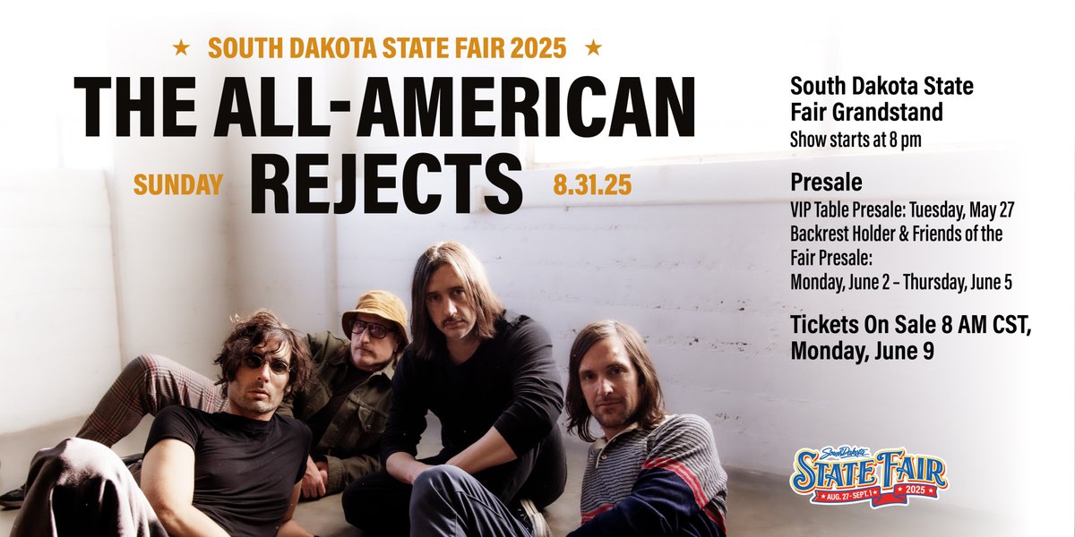 SD State Fairgrounds (@sdstatefair) on Twitter photo The All-American Rejects <a href="/therejects/">THE ALL-AMERICAN REJECTS</a> are coming to the SD State Fair! With smash hits like “Gives You Hell,” “Move Along” & “It Ends Tonight,” the infectious band is going to put on a show you won’t want to miss.
We’ll see you on Aug. 31!
More info at sdstatefair.com The All-American Rejects <a href="/therejects/">THE ALL-AMERICAN REJECTS</a> are coming to the SD State Fair! With smash hits like “Gives You Hell,” “Move Along” & “It Ends Tonight,” the infectious band is going to put on a show you won’t want to miss.
We’ll see you on Aug. 31!
More info at sdstatefair.com