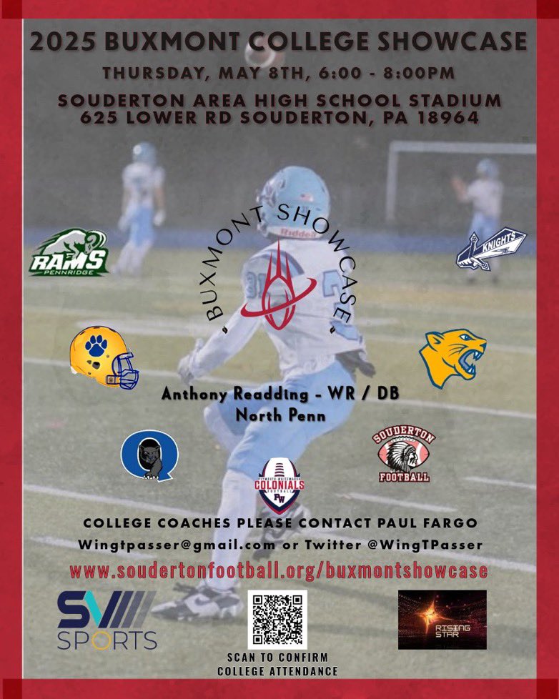 Anthony I Readding (@anthonyreadding) on Twitter photo Looking forward to displaying my talents with other premier PA athletes from the area at the 2025 BUXMONT Showcase on Thursday, May 8th! soudertonfootball.org/buxmontshowcase
<a href="/PARisingStar/">PA Rising Star</a>
<a href="/svsports/">SV Sports</a>
@PRZPAvic
<a href="/PaulRobertsCuse/">Paul Roberts</a>
<a href="/ArtisticMayhem1/">Michael Pietrangelo</a>
<a href="/BadgleyBruce/">Bruce Badgley</a>
<a href="/hvo_o/">Hiram Velez</a> <a href="/CoachTBiscardi/">Tom Biscardi</a> Looking forward to displaying my talents with other premier PA athletes from the area at the 2025 BUXMONT Showcase on Thursday, May 8th! soudertonfootball.org/buxmontshowcase
<a href="/PARisingStar/">PA Rising Star</a>
<a href="/svsports/">SV Sports</a>
@PRZPAvic
<a href="/PaulRobertsCuse/">Paul Roberts</a>
<a href="/ArtisticMayhem1/">Michael Pietrangelo</a>
<a href="/BadgleyBruce/">Bruce Badgley</a>
<a href="/hvo_o/">Hiram Velez</a> <a href="/CoachTBiscardi/">Tom Biscardi</a>