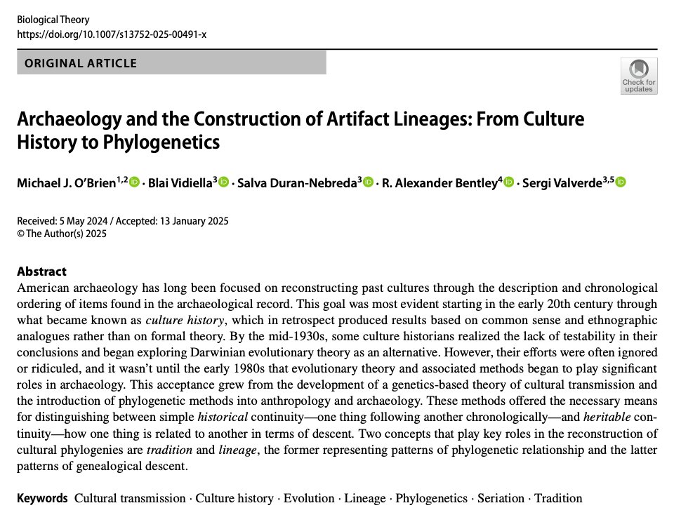 Biological Theory (@bioltheory) on Twitter photo ➡️New article out⬅️
"Archaeology and the Construction of Artifact Lineages: From Culture History to Phylogenetics"
by O'Brien, Vidiella, Duran-Nebreda, Bentley & Valverde
Open access: rdcu.be/ee0R2
<a href="/svalver/">Sergi Valverde🌍(under a blue sky)</a> ➡️New article out⬅️
"Archaeology and the Construction of Artifact Lineages: From Culture History to Phylogenetics"
by O'Brien, Vidiella, Duran-Nebreda, Bentley & Valverde
Open access: rdcu.be/ee0R2
<a href="/svalver/">Sergi Valverde🌍(under a blue sky)</a>