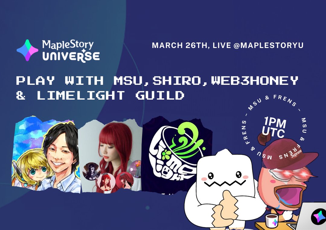 MapleStory Universe (@maplestoryu) on Twitter photo ๐ดLIVE! March 26th. 1 PM UTC.
BOSS RAIDS with a full squad stream.
Don't miss the play with: <a href="/shiro_gw/">ใใ</a> <a href="/web3_honey/">ใใฌใใก๐ฏweb3honey๐</a> <a href="/jethsub/">Jeth ๐</a> <a href="/MG_MSU/">Mango๐</a> <a href="/ssang899728844/">MUTEN๐</a> <a href="/domidom88/">Dominic | MSU๐</a> <a href="/nexpacetime/">Keith | MSU๐</a> ๐ดLIVE! March 26th. 1 PM UTC.
BOSS RAIDS with a full squad stream.
Don't miss the play with: <a href="/shiro_gw/">ใใ</a> <a href="/web3_honey/">ใใฌใใก๐ฏweb3honey๐</a> <a href="/jethsub/">Jeth ๐</a> <a href="/MG_MSU/">Mango๐</a> <a href="/ssang899728844/">MUTEN๐</a> <a href="/domidom88/">Dominic | MSU๐</a> <a href="/nexpacetime/">Keith | MSU๐</a>