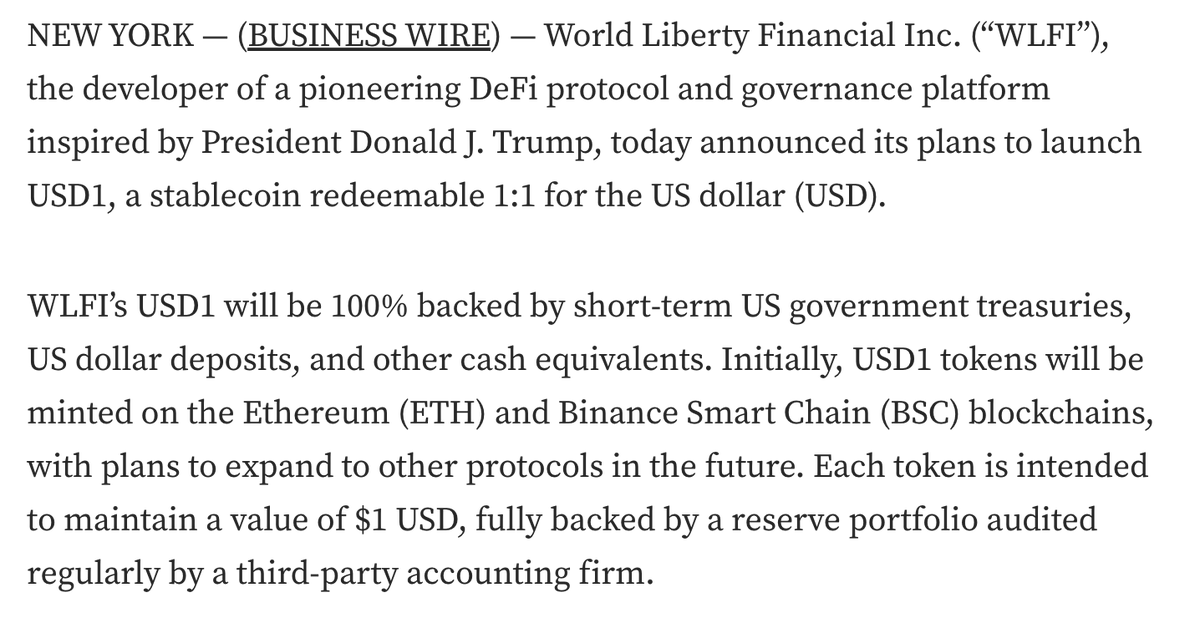 BREAKING: President Trump's World Liberty Financial announces USD1 stablecoin which is "100% backed by short-term US government treasuries, US dollar deposits, and other cash equivalents."