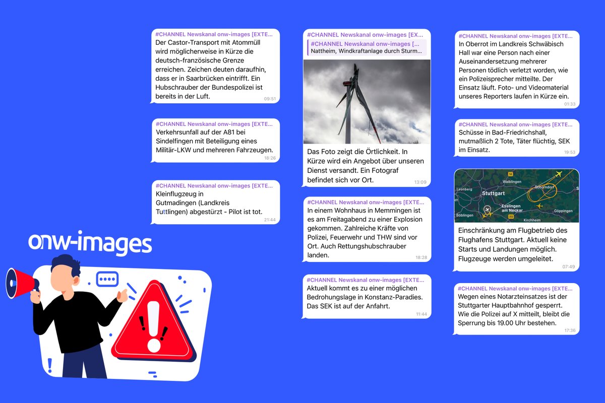 Ein Gefahrengutunfall auf der Autobahn, Aktivisten, die sich von Brücken abseilen, größere Brände oder Polizeilagen. Sobald eine potenzielle Großlage auftritt, erfahren unsere Kunden davon im Newskanal – noch bevor erste Meldungen erscheinen.