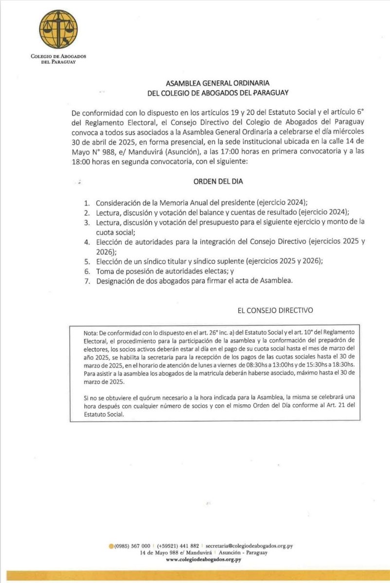 CAP_py's tweet image. Convocatoria a Asamblea General Ordinaria a celebrarse el miércoles 30 de abril de 2025 en la sede del Colegio de Abgs. del Paraguay.
1ra. Convocatoria para las 17.00 h y 2da. Convocatoria para las 18.00 h.
¡Les esperamos!