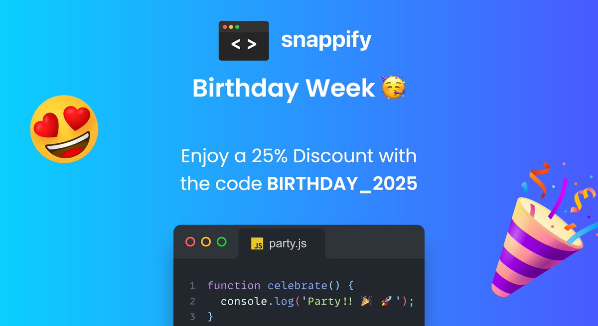 Dominik Sumer ✨ (@dominiksumer) on Twitter photo Today 4 years ago (that number 🤯), we released the first version of <a href="/snappify_io/">snappify ✨</a>
I'm still super proud of how it evolved into such a mature product
Like every year, I'm running a Birthday Deal, grab the Discount while it's hot! 🥳 Today 4 years ago (that number 🤯), we released the first version of <a href="/snappify_io/">snappify ✨</a>
I'm still super proud of how it evolved into such a mature product
Like every year, I'm running a Birthday Deal, grab the Discount while it's hot! 🥳