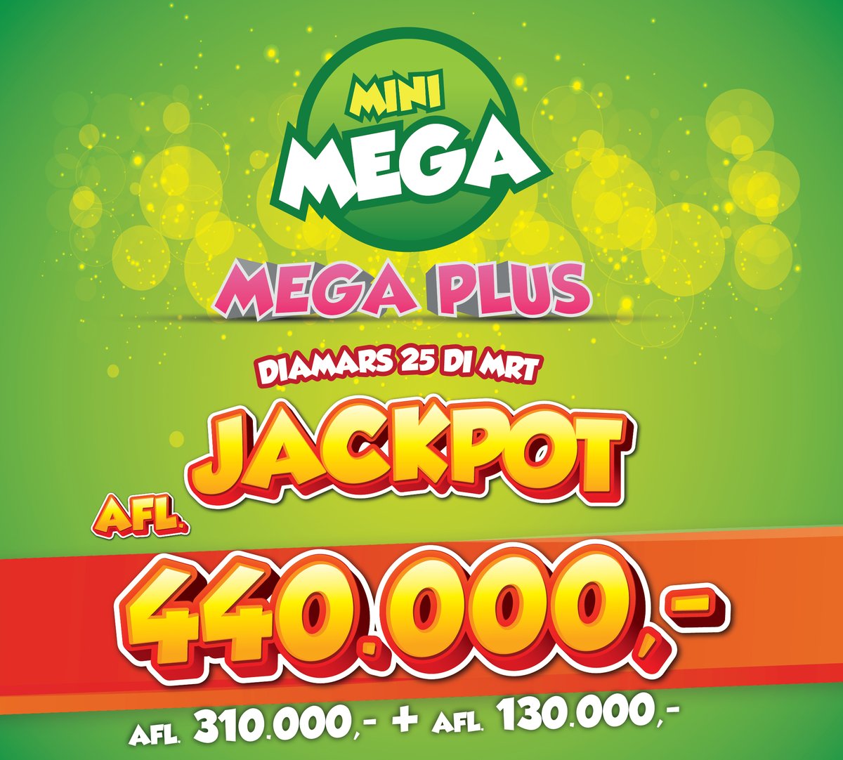 Lottoaruba's tweet photo. Awe cu Mini Mega bo por gana 310 mil florin y cu 2 florin mas, bo por gana un total di 440 mil florin cu Mega Plus!
Pa hunga online🌐, bishita https://t.co/WmCKomtKT4
#lotto #cambiandobida #loteria #aruba #minimega #megaplus https://t.co/FWJu9MY302