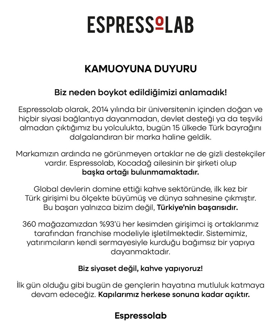 aa_isdunyasi's tweet photo. ☕️Yerli kahve markası Espressolab'tan kamuoyuna "boykot" duyurusu👇

➖Biz neden boykot edildiğimizi anlamadık

➖Siyaset değil, kahve yapıyoruz

🔗https://t.co/twRhD8seuv https://t.co/WmssYF00vM
