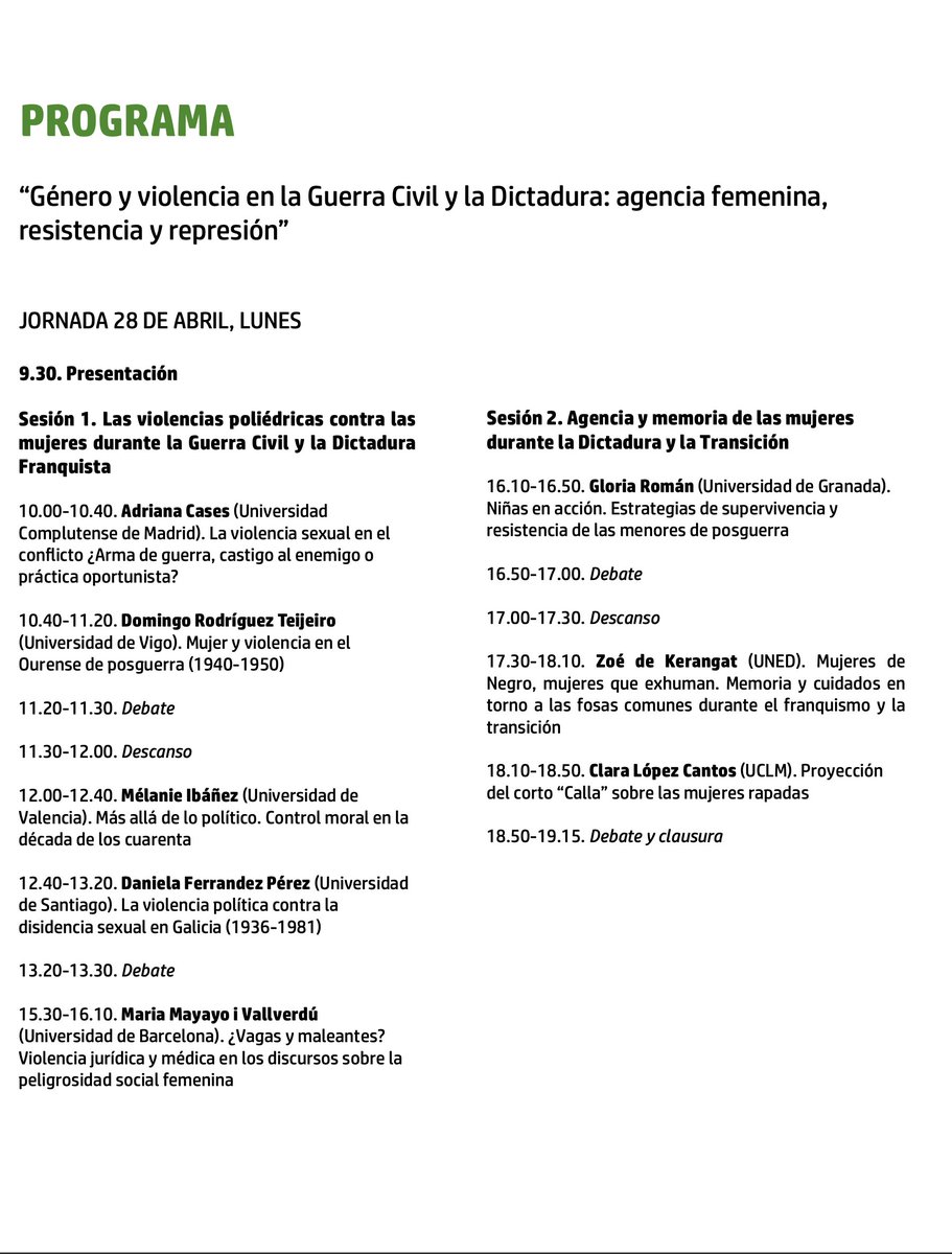📣 El próximo 28 de abril estaré en Albacete participando en el seminario «Género y violencia en la Guerra Civil y la dictadura: agencia femenina, resistencia y represión» junto a compañeras como Mélanie Ibáñez. Podéis consultar el programa completo aquí 👇