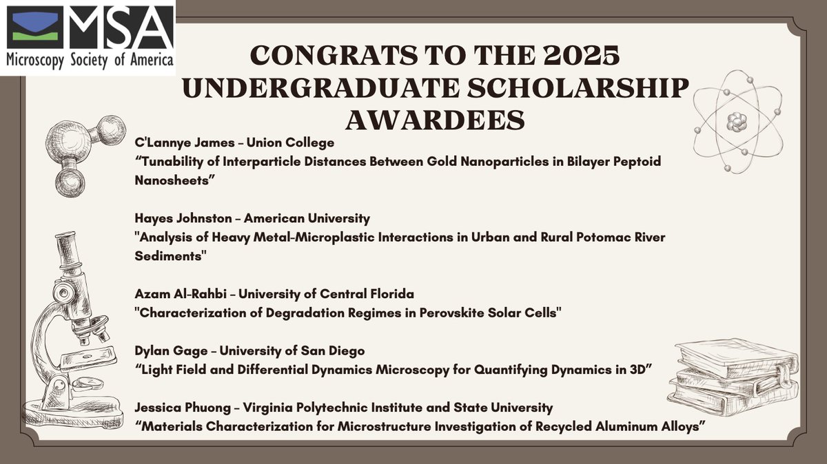 Congrats to the winners of the MSA undergraduate scholarship!! Click the link to find information on how to apply for next year! 🔬microscopy.org/undergraduate-…