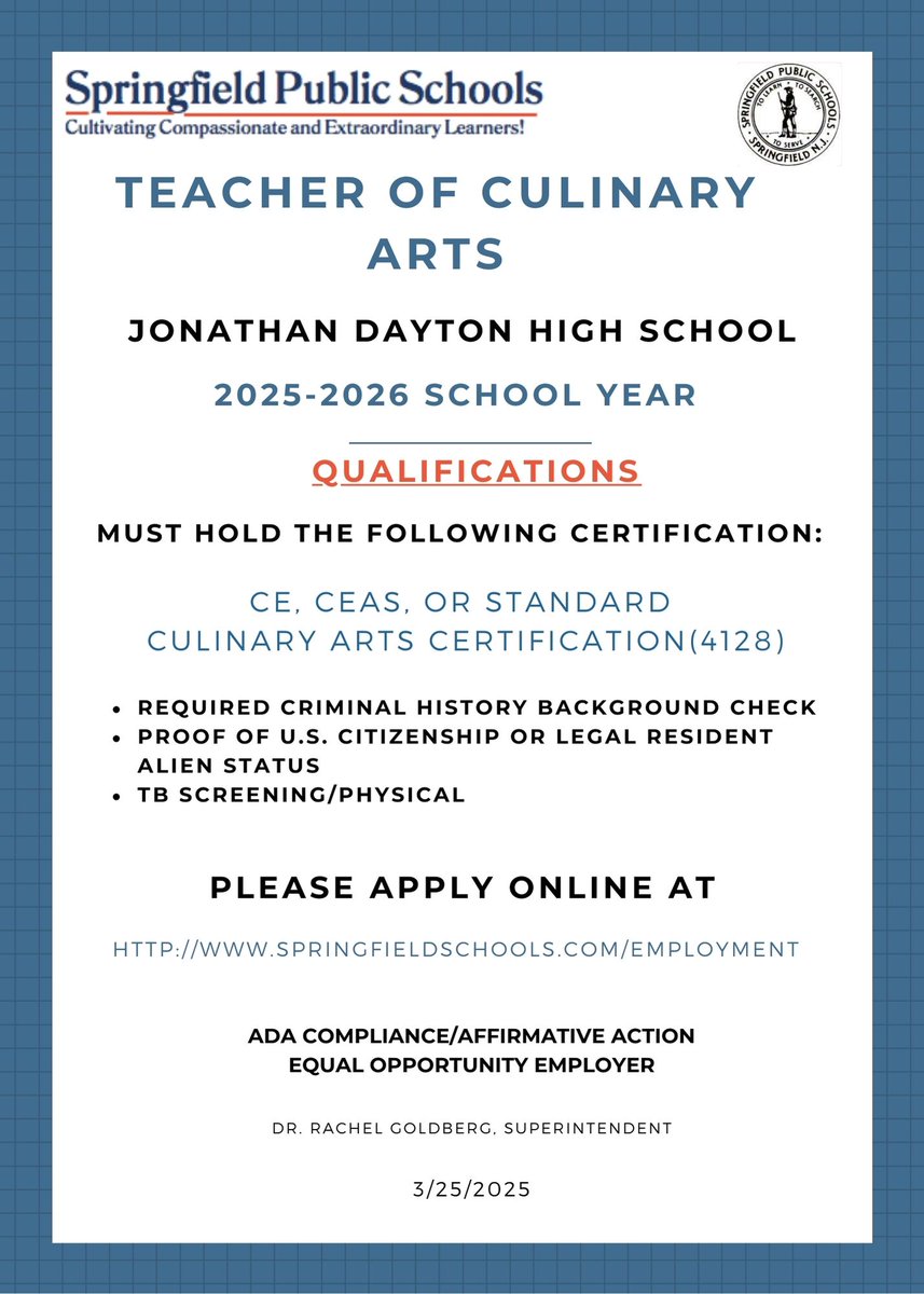 Springfield Schools (@springfieldschs) on Twitter photo Vacancy Announcement: Teacher of Culinary Arts
<a href="/NJSchoolJobs/">NJSchoolJobs.com</a>
To Apply: applitrack.com/springfield/on… Vacancy Announcement: Teacher of Culinary Arts
<a href="/NJSchoolJobs/">NJSchoolJobs.com</a>
To Apply: applitrack.com/springfield/on…