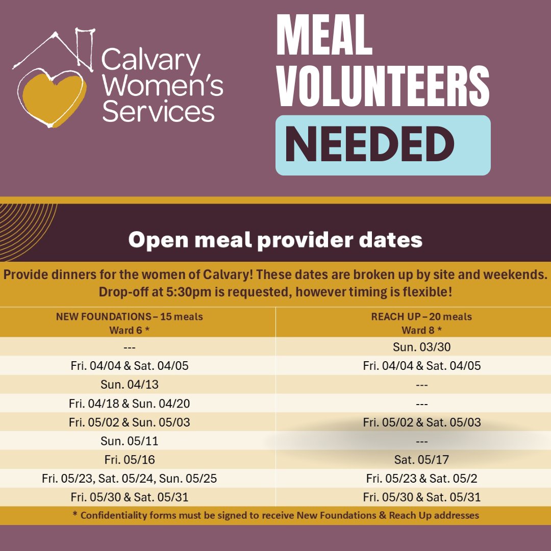 Calvary Women's Services (@calvarywomendc) on Twitter photo Meal Volunteers: We have open shifts in April & May. Help ensure that residents at our New Foundations and Reach Up sites have a warm meal every weekend by donating meals for 15-20 women. Sign up for open shifts: ow.ly/e0h750Vo32M or email scannington@calvaryservices.org. Meal Volunteers: We have open shifts in April & May. Help ensure that residents at our New Foundations and Reach Up sites have a warm meal every weekend by donating meals for 15-20 women. Sign up for open shifts: ow.ly/e0h750Vo32M or email scannington@calvaryservices.org.