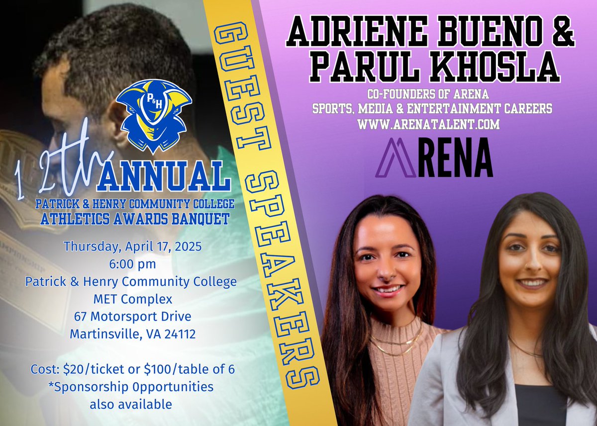 Patrick & Henry CC Athletics (@phccathletics) on Twitter photo ๐ Exciting News! ๐
Adriene Bueno and Parul Khosla, co-founders of Arena, will headline the 2025 P&HCC Athletics Banquet on April 17 at 6:00PM.
Thank you to <a href="/valleystar_cu/">ValleyStar Credit Union</a> for presenting this event!
๐
Save the Date: April 17, 2025 | 6:00 PM | P&HCC MET Complex ๐ Exciting News! ๐
Adriene Bueno and Parul Khosla, co-founders of Arena, will headline the 2025 P&HCC Athletics Banquet on April 17 at 6:00PM.
Thank you to <a href="/valleystar_cu/">ValleyStar Credit Union</a> for presenting this event!
๐
Save the Date: April 17, 2025 | 6:00 PM | P&HCC MET Complex