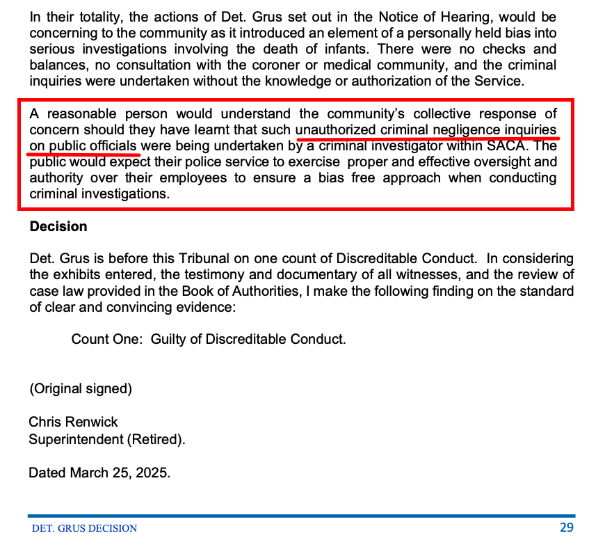 🚨BREAKING🚨 Ottawa Police Detective Helen Grus Found GUILTY

"...unauthorized criminal negligence inquiries on public officials were being undertaken by a criminal investigator within SACA."

So now police officers are required to obtain permission before investigating public