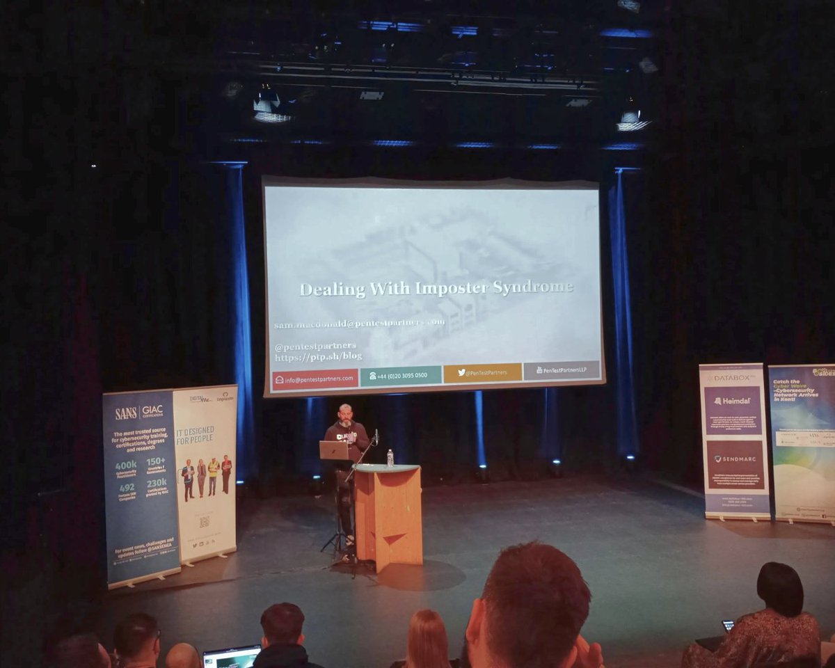 PenTestPartners's tweet image. Our Sam Macdonald presented a talk on dealing with imposter syndrome at BSides Kent last weekend.
 
#BSidesKent #CyberCommunity #BSides #MentalHealth #ImposterSyndrome #Conference