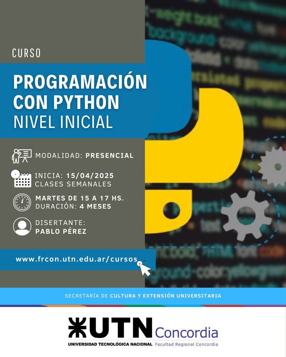 #Cursos que inician en abril:  
👉 DISEÑO WEB CON HTML, CSS Y JAVASCRIPT
👉 PROGRAMACIÓN CON PYTHON - NIVEL INICIAL
🌐 frcon.utn.edu.ar/cursos/
