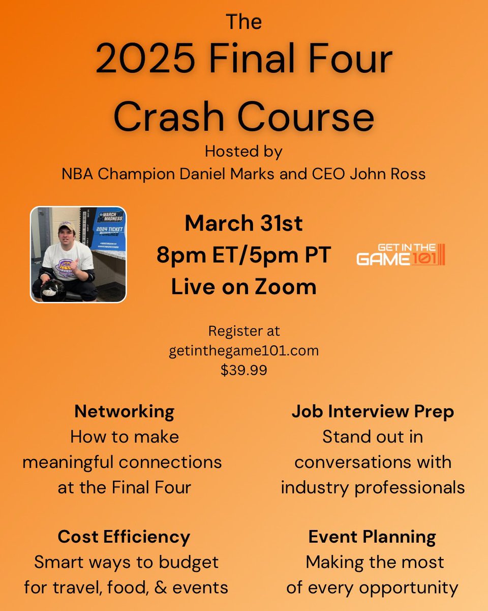 For those in college basketball, heading to the Final 4 can be incredibly fun… but also daunting.

Where to go?

Who to meet?

How to make an impression?

This online “Final 4 Crash Course” is designed to answer those questions and more.

Sign up ⬇️ 

getinthegame101.com/offers/Vnh4Xko…