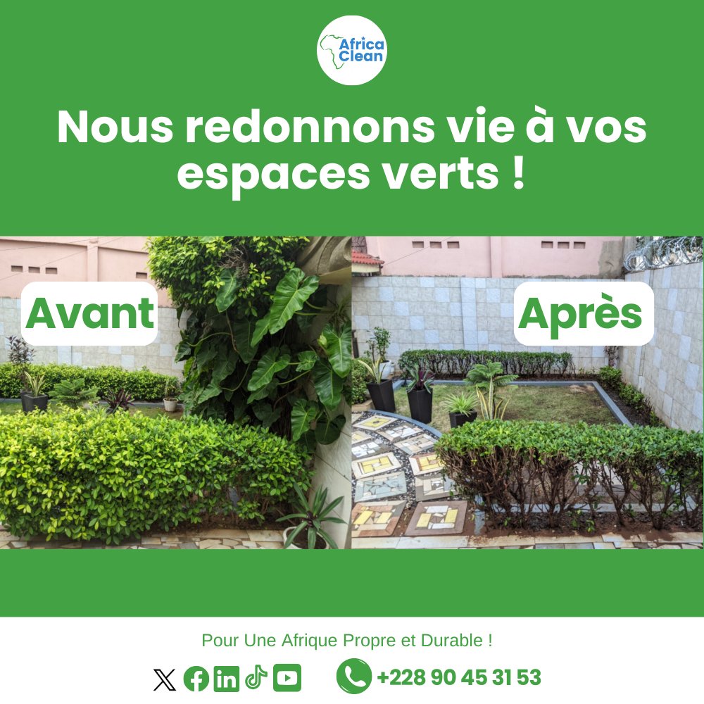 Votre espace vert est votre havre de paix, là où la nature procure joie et harmonie, laissez-nous en prendre soi ✌️

Nous redonnons vie à vos espaces verts pour votre plus grand bien 🤩

Dm 1 devis GRATUIT maintenant 👇
Pour une Afrique Propre et Durable 🔵 🟢 ⚪
90 45 31 53
