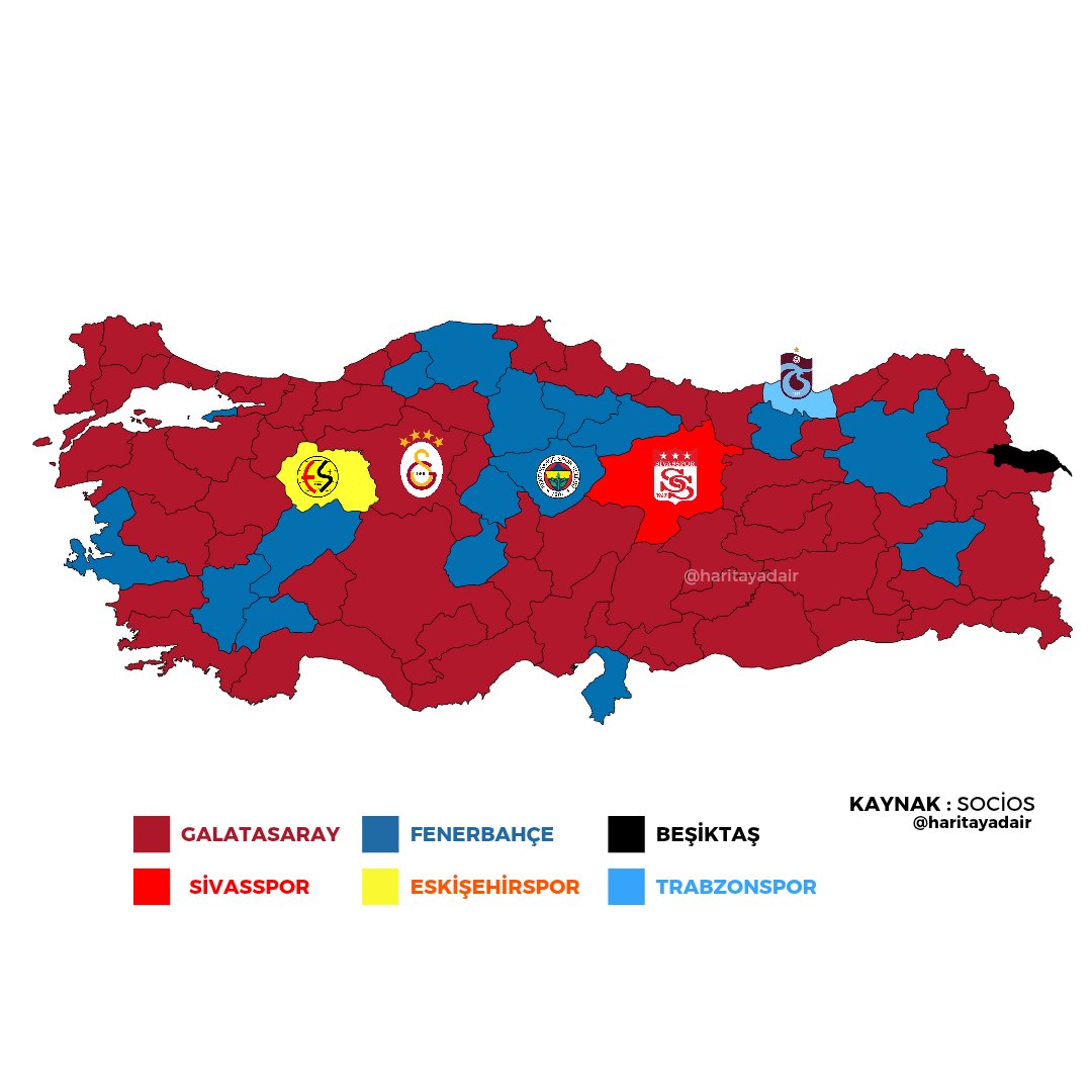 Türkiye futbol takımları taraftar haritası 

🟦 Fenerbahçe 
🟥 Galatasaray 
🟨 Eskişehirspor
⬛ Beşiktaş