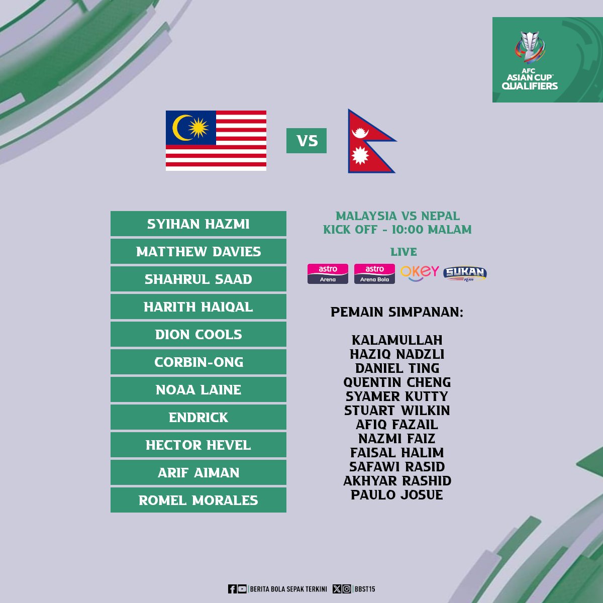 BBST15's tweet photo. Line up 🇲🇾 Malaysia 🆚 Nepal 🇳🇵

🕙 10:00 malam
📺 Astro Arena 801, Astro Arena Bola 803, TV Okey, Sukan RTM
📲 https://t.co/Vmi8XHzCHu

#ACQ2027 | #MASvNEP https://t.co/OGIYUdb6Sn