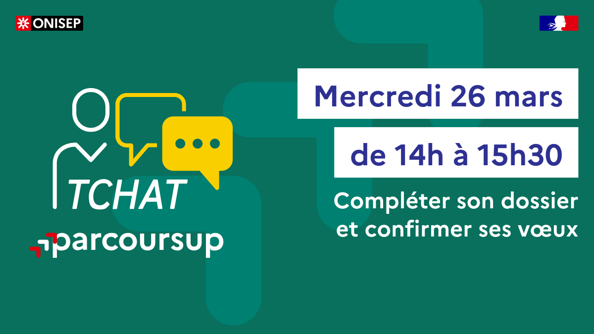 📢 #Tchatonisep spécial : compléter son dossier et confirmer ses vœux sur Parcoursup.

👥 Mercredi 26 mars, de 14h à 15h30, les conseillers de l'<a href="/Onisep/">Onisep</a> répondront à toutes vos questions !

👉 onisep.fr/nos-tchats/not…
