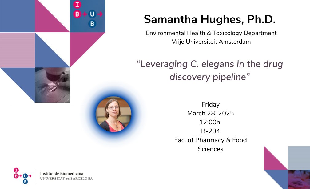 IBUB-UB (@ibub_ub) on Twitter photo #IBUBSeminar "Leveraging C. elegans in the drug discovery pipeline" by Samantha Hughes, Vrije Universiteit Amsterdam
FRI 28th
12:00h
𝗔𝘂𝗹𝗮 𝗕-𝟮𝟬𝟰 <a href="/Farmacia_UB/">Facultat de Farmàcia i Ciències de l'Alimentació</a>
⚠️ATTENTION: Seminar relocated‼️ #IBUBSeminar "Leveraging C. elegans in the drug discovery pipeline" by Samantha Hughes, Vrije Universiteit Amsterdam
FRI 28th
12:00h
𝗔𝘂𝗹𝗮 𝗕-𝟮𝟬𝟰 <a href="/Farmacia_UB/">Facultat de Farmàcia i Ciències de l'Alimentació</a>
⚠️ATTENTION: Seminar relocated‼️