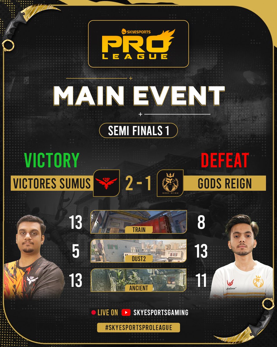 The reign has fallen! 👑❌ Victores Sumus shocks the favorites &amp; advances to the Finals by defeating Gods Reign 2-1 in an epic Skyesports Pro League CS2 Semifinal!

Map 1: 13-8
Map 2: 5-13
Map 3: 13-11

#SkyesportsProLeague #CS2 #Counterstrike