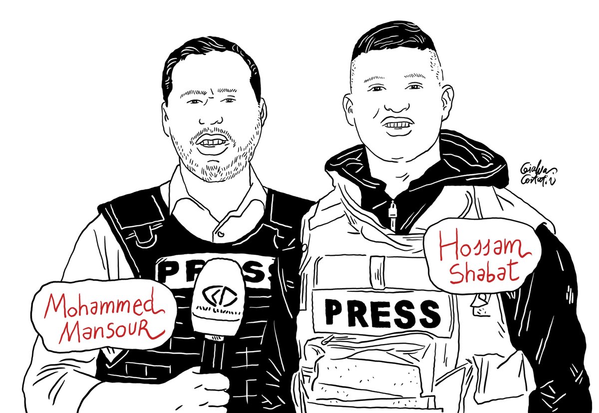 Palestinian journalists Hossam Shabat and Mohammed Mansour were killed.

#Palestine #Israel
<a href="/pressfreedom/">Committee to Protect Journalists</a>

"Portraits of journalists in the Israel-Gaza conflict", archive: channeldraw.org/2023/10/16/por…